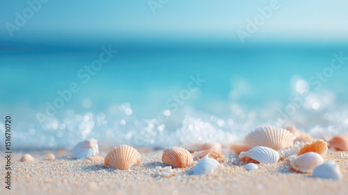 minimalistic close-up of sun-kissed sandy beach with untouched seashells and gentle waves ideal for tranquility