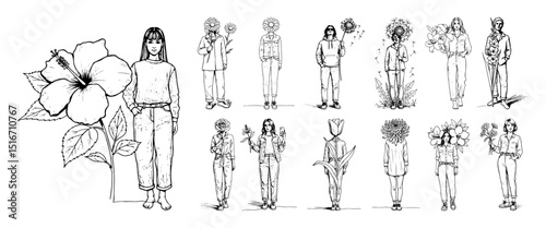 women with flowers hand drawn illustration