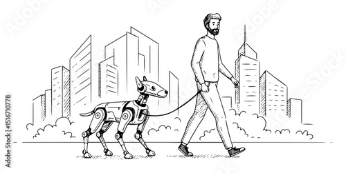 man walking with robot dog in city