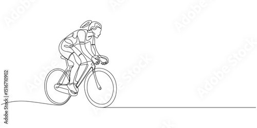 Young female cyclist in action, One continuous line drawing young sporty woman bicycle racer pedaling her bike so fast. Road cyclist concept. Dynamic single line draw design vector illustration