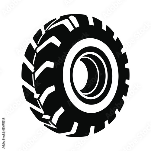 Black and white vector icon of a rugged off-road tire viewed at an angle