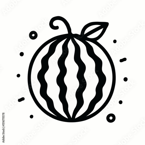 Black line drawing of a watermelon with abstract elements  