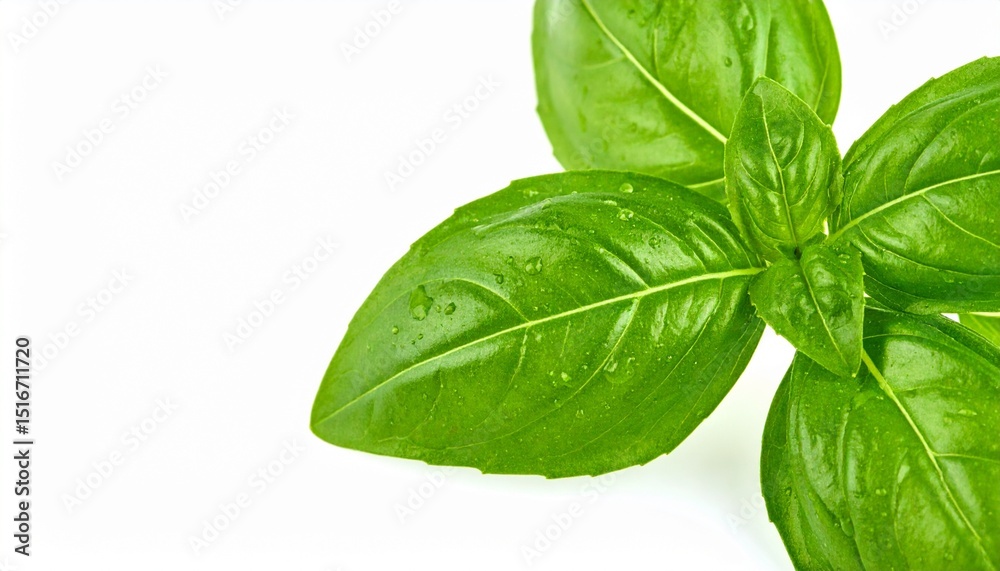 Fototapeta premium Fresh green basil leaves with fine water droplets isolated on white background, aromatic herb, Italian cooking, healthy garnish, copy space