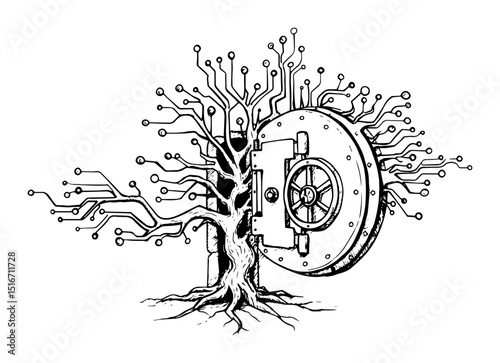 tree merged with digital vault and circuit branches