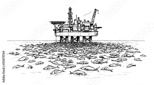 oil platform with dead fish environmental disaster