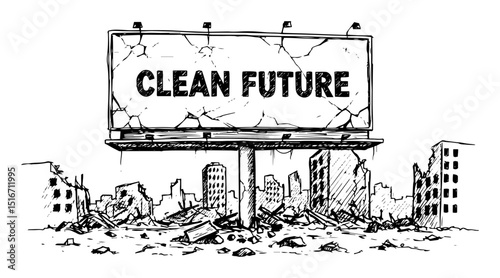 clean future billboard in ruined city
