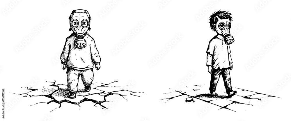 children wearing gas masks on cracked ground children wearing gas masks on cracked ground