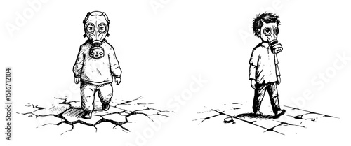 children wearing gas masks on cracked ground