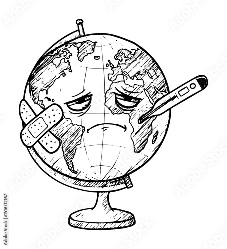 sick earth globe with thermometer and bandages