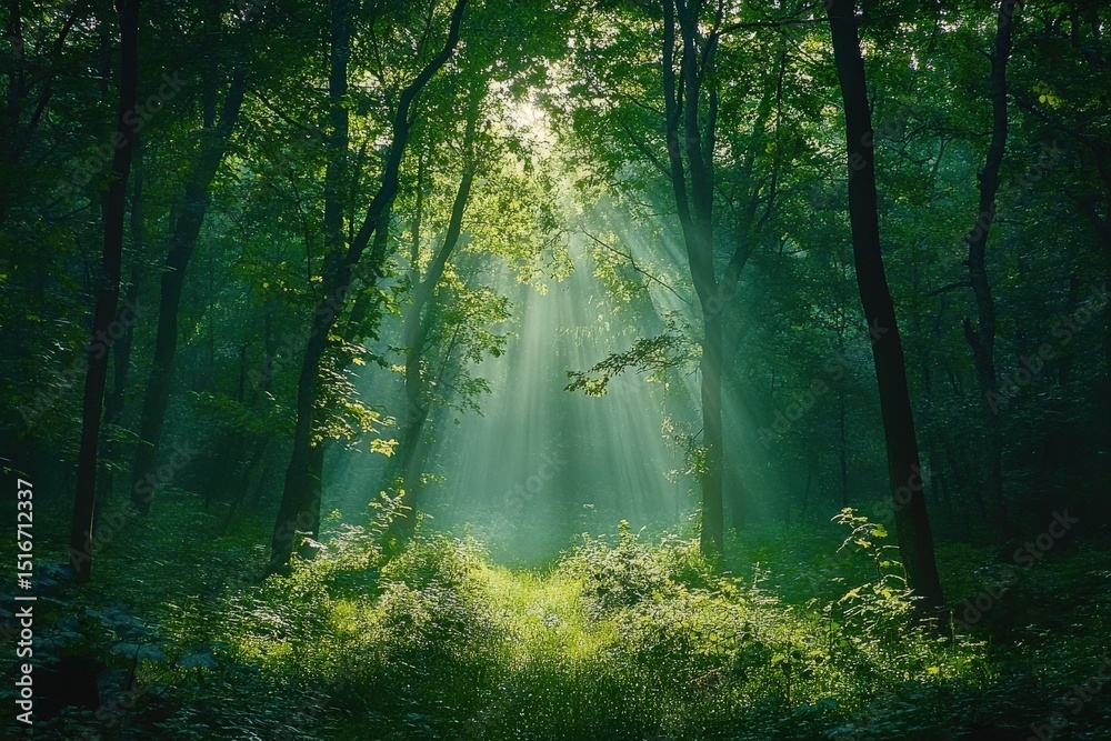 Fototapeta premium Sunlight Piercing Through the Verdant Forest