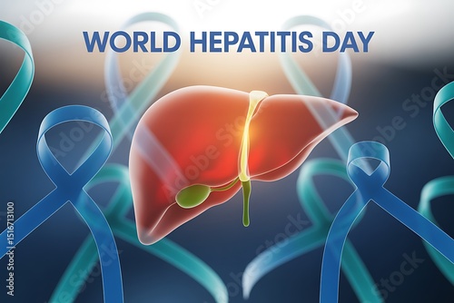 Illustration for world hepatitis day with liver and ribbons on a blurred background photo