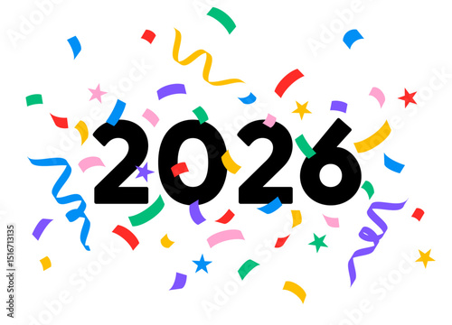 2026 confetti number isolated, New Year party colorful logo