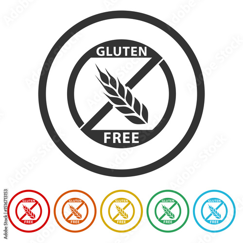 No gluten, gluten free circle label. Set icons in color circle buttons