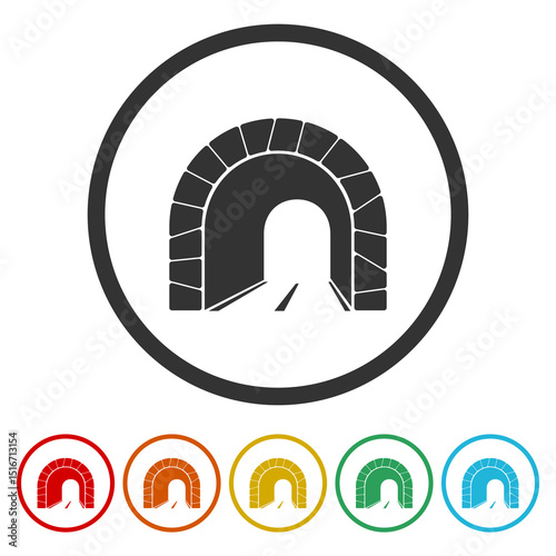 Tunnel road icon. Set icons in color circle buttons