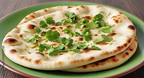Freshly Baked Naan Bread with Coriander on Green Plate Indian Food Cuisine Meal