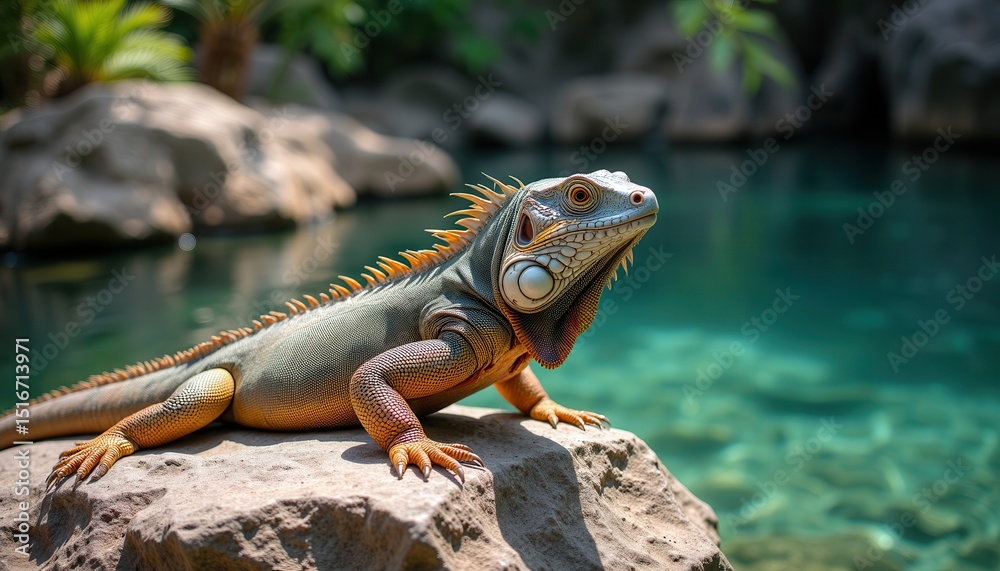 Fototapeta premium Iguana basking serene tropical pool