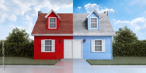 split photo with house divided in half--on the left is a red house. On the right is a blue house