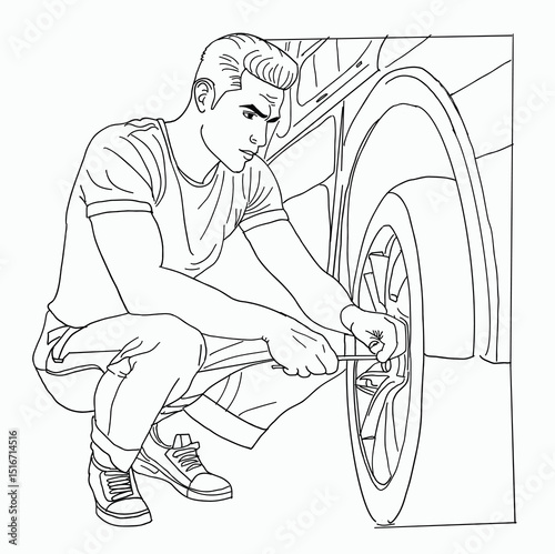 black and white line. Male driver checking the tires. man is repairing car tire. Cartoon Style Illustration