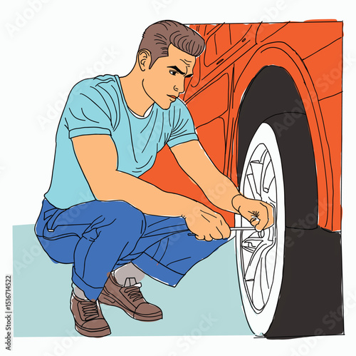 Male driver checking the tires. man is repairing car tire. Cartoon Style Illustration