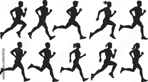 Silhouettes of Runners in Motion - Athletic Men and Women Running Side View Vector Set for Fitness and Sports Design