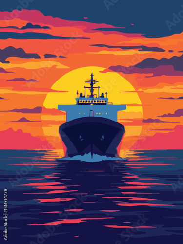 cargo ship at sunset