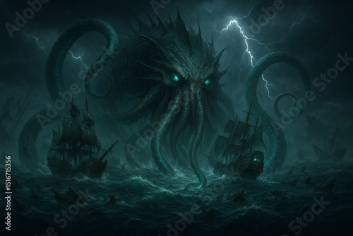 A colossal leviathan bursts from a stormy sea, glowing eyes locked onto a doomed pirate ship entangled in its massive tentacles. Debris and wreckage swirl in violent waves, while thunder and lightning
