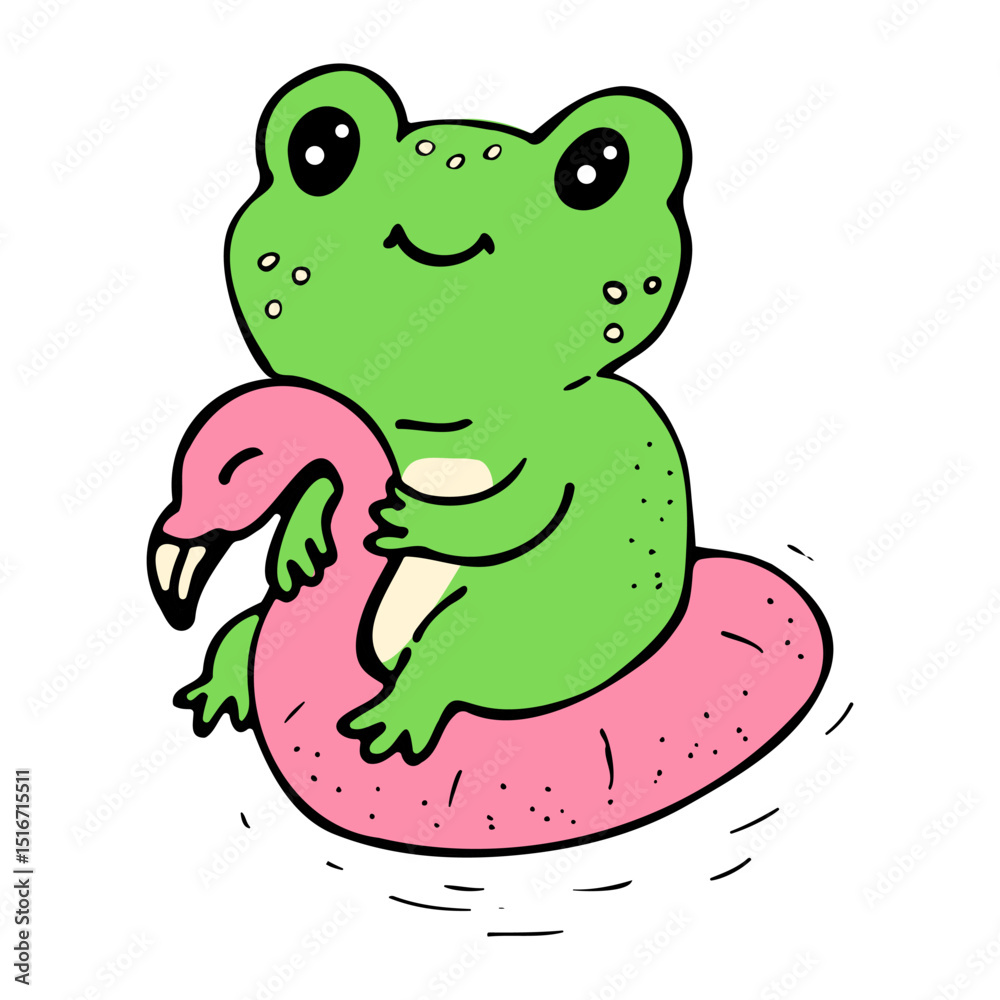 Naklejka premium Cute cartoon frog on inflatable flamingo ring - happy summer water illustration for kids