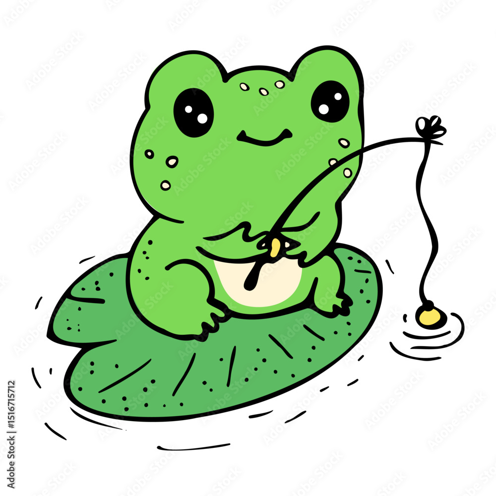 Obraz premium Cute cartoon frog fishing on lily pad - funny animal vector illustration for kids