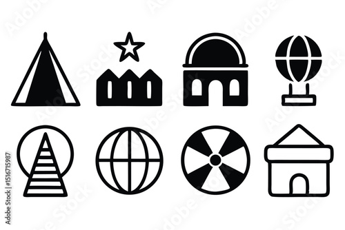 Universal Travel Icons Tent, Ferris Wheel, Globe, Observatory, Circus Tent and More