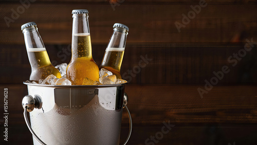 Metal bucket with ice and beer bottles chilling on wooden background photo