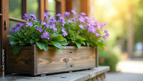 Wallpaper Mural Purple flowers spill from a wooden planter outside Torontodigital.ca