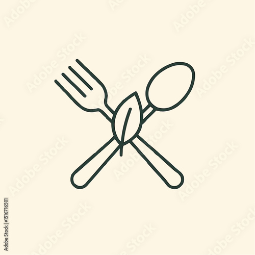 Outlined fork and spoon crossed with leaf — healthy eating.