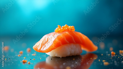 Salmon sushi glistening on reflective surface