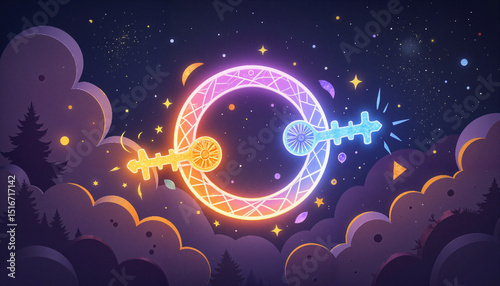 Mystical geometric illustration with colorful celestial symbols