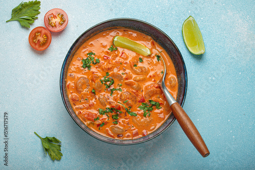 Delicious brazilian moqueca de camarao with shrimps, peppers, lime, and cilantro served in a bowl, garnished with parsley and served in a rustic bowl on light blue background