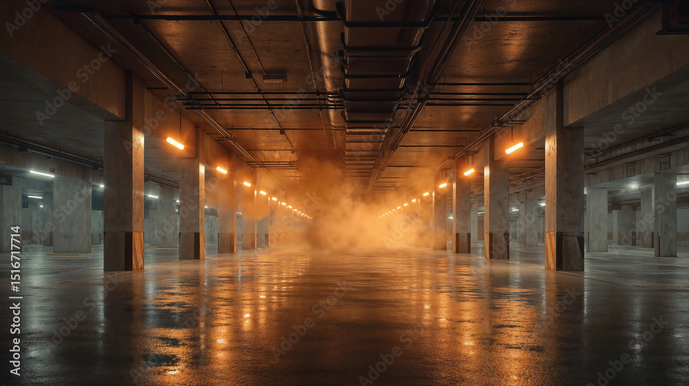 Fototapeta premium Smoke filling empty underground parking garage at night