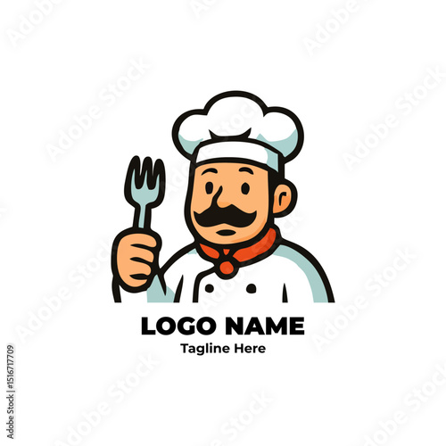 Culinary chef logo with cartoon character illustration food icon vector design for restaurant kitchen branding bakery cooking school identity gourmet business chef mascot character