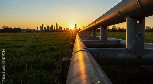 Industrial gas pipeline with city skyline at golden sunset. Metal pipe infrastructure leading to urban buildings with orange sky background. Energy transportation concept. Industrial services photo