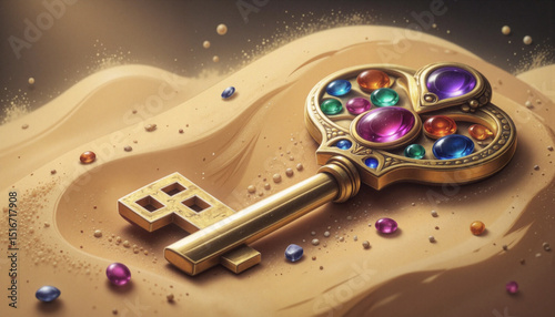 Golden key with colorful gems on sandy background