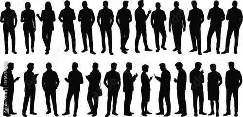 Silhouette of diverse people standing, talking, interacting, in group poses, business or casual discussion concept, vector illustration for communication themes