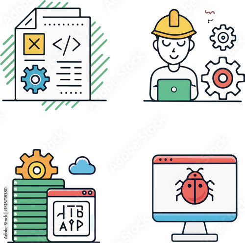 Construction Worker Icons Set – Vector Symbols of Builders, Safety Gear, and Construction Tools