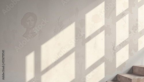 Shadow patterns on a wall with a portrait illustration