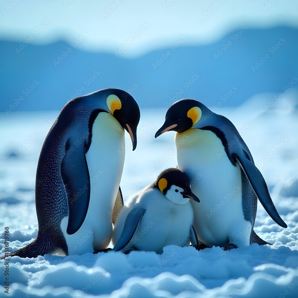 Fototapeta premium A heart-warming scene of three emperor penguins in a snowy landscape.