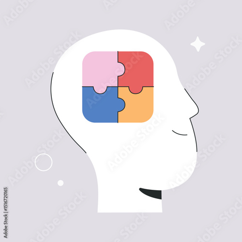 Smiling human head with jigsaw puzzles in the brain. Mindfulness and mental health care, people psychology problems concept. Trendy graphic design, flat vector illustration isolated on background