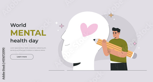 Man Drawing Heart Inside Human Head, Symbolizing Self-Love, Positive Thinking, Emotional Support. Mental Health Awareness Concept for World Mental Health Day. Vector Flat illustration for Landing page