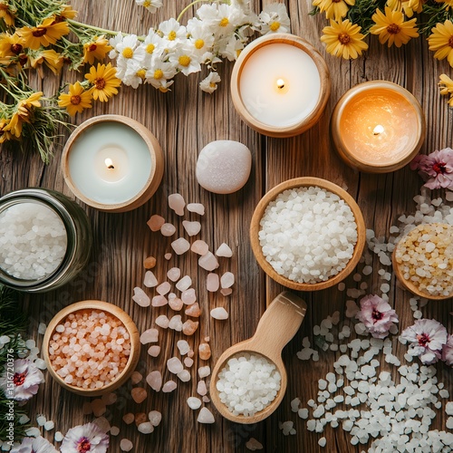 Flat Lay of Spa Essentials Featuring Candles, Stones, Bath Salts, and Natural Elements, spa still life with candles