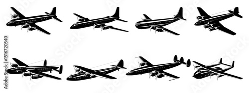 Vintage Airliner Plane Silhouettes. Passenger and Cargo Aircraft. Vector cliparts isolated on white.