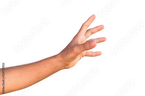 Hand reaching out for something on white background.
