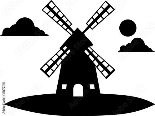 windmill in countryside against colorful sunset.eps