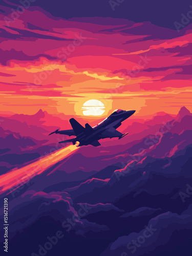 military jet fighter at sunset